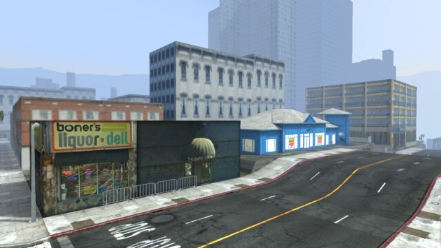 Another screenshot of after one of the first art merges of the first level: LA. Taking screenshots of buildings from google street view, then adjusting them to fit what we needed just as temporary placeholders