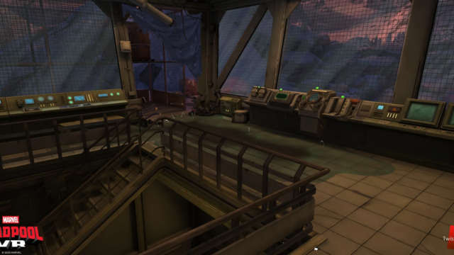 Radio Tower West Big Bridge controls. The floor has water spilled and an electrical charge running through it, and the user has to do a series of VR interactions at the console while being electrocuted to lower the Big Bridge and disable the electrical current to exit the tower.