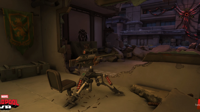 Similar to the turret in the first level, and the tanks earlier in the level, the user has to jump kick to mount the sniper gun, but instead of having control over the gun, they are surprised with leadpool. A character the user has to load into the gun, then shoot them out into a hole in the building, then the user takes control of leadpool, avoiding obstacles for about 10-15 seconds until they reach the end and explode the entire building