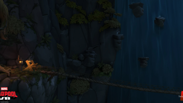 After the player leaves the last of the caves portion, they begin the rope bridge encounter where they can grapple enemies and throw them off for environmental kills, and also are introduced to archer enemy types that are placed on perches on the waterfall