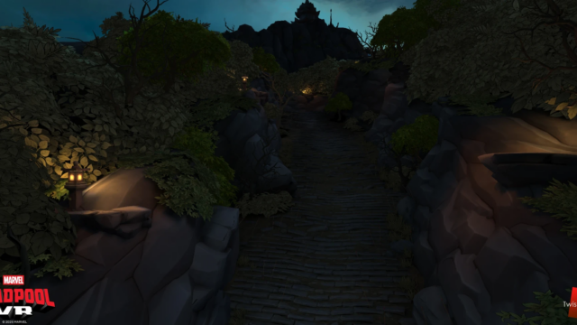 After the rope bridge, the player encounters archers perched up on cliffsides with arrows while explosive arrows shot from beyond the level boundaries explode the staircase in multiple sections forcing the player to dodge and shoot as they progress up stairs