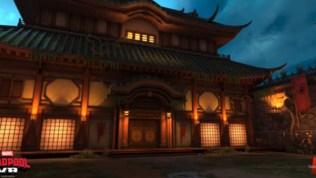 Zipline landing combat. The user lands in this courtyard without legs meaning they can't move and can only use swords. Enemies appear on the rooftops shooting projectiles, and enemies burst through paper walls which also demonstrate that these types of walls are destructible to the player.