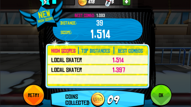 When the player falls, and chooses not to continue, they are presented with a series of screens depending on where they were in progression, but this End of Run screen will always show. Lots of iterations with art and programming to get to this point.