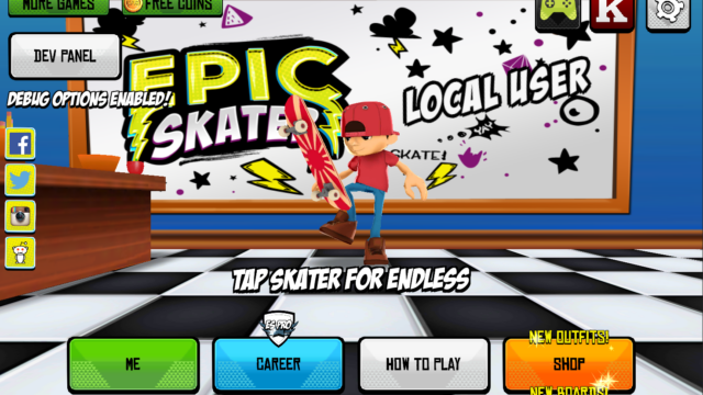 Epic Skater's Main Menu Screen (taken from the editor). Links to socials, google play , dev panel, offer wall, R/V links, shop, tutorial, records, settings, tap to start are all presented here.