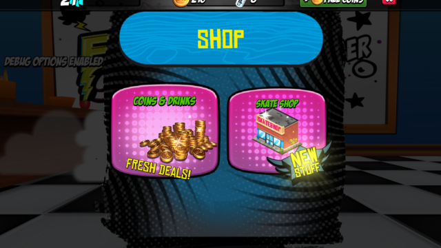 After the game launched, users demanded more ways to spend money, so we added a skateshop and this submenu to present users with outfits and boards to buy. We didn't want to clutter up the main menu with another "shop" button or confuse the user with "skate shop" and "shop for currency" semantics.