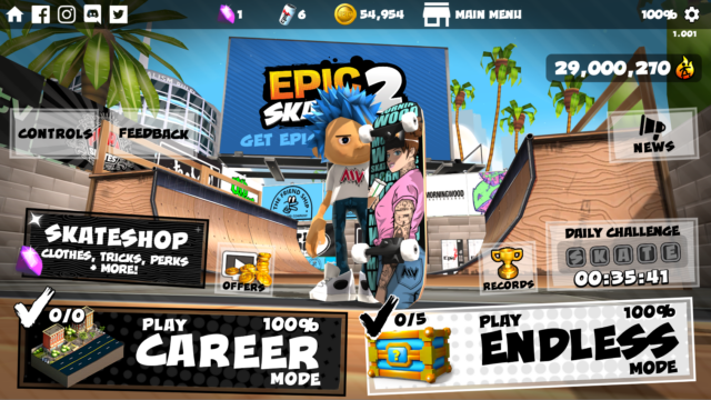 What the Epic Skater 2 main menu ended up looking like on launch