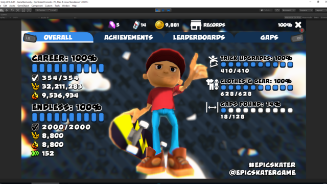 Records screen used to convey user progress in all areas in the game.