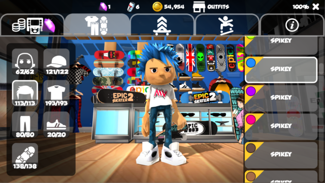 Epic Skater 2's in-game skate shop UI